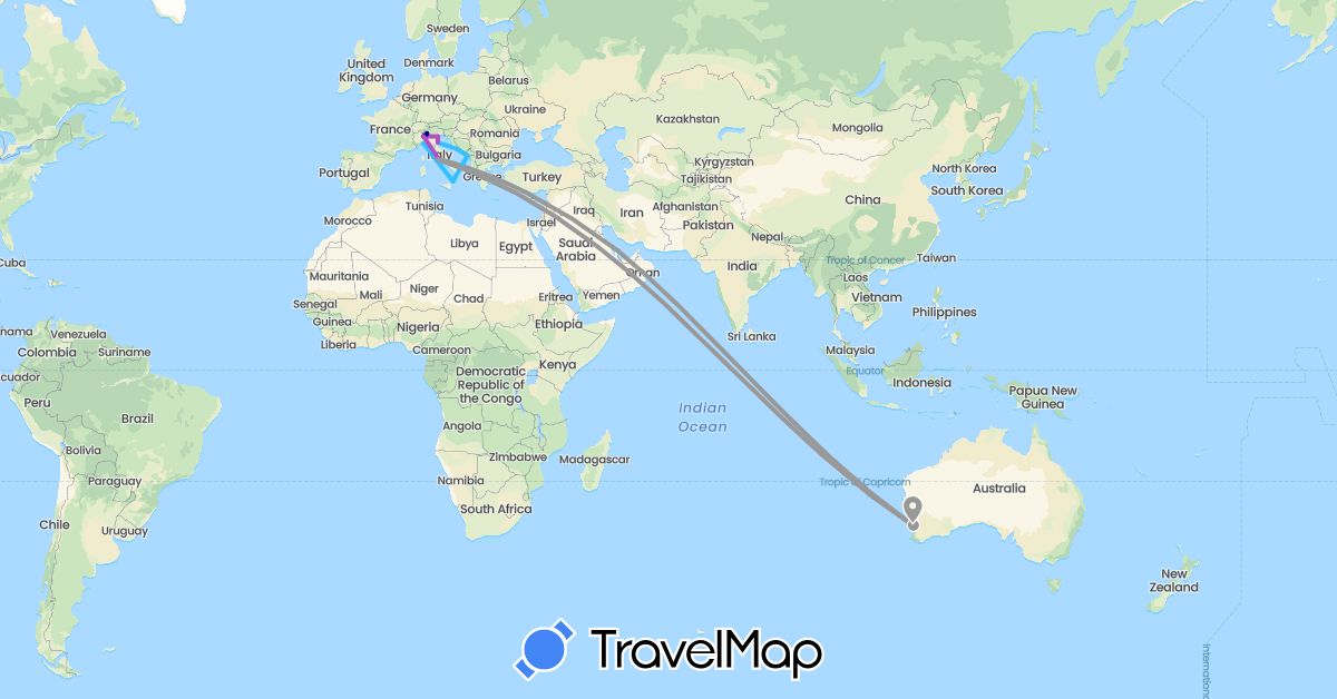 TravelMap itinerary: driving, plane, train, boat in Australia, Croatia, Italy, Montenegro, Qatar (Asia, Europe, Oceania)